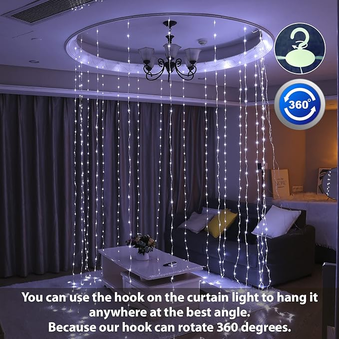 HXWEIYE 300LED Fairy Curtain Lights, 9.8x9.8Ft Tangle-Free USB Plug in 8 Modes Timer Christmas String Hanging Lights with Remote for Bedroom Backdrop Wedding Party Home Wall Garden, White