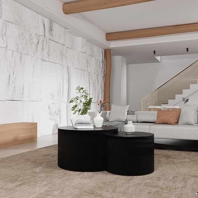 Round Nesting Coffee Table Wood Drum Nesting Tables Modern Stacking Coffee Table Set of 2 Fluted Center Table End Table for Living Room Home Office Small Spaces, No Assembling (Black Crescent)