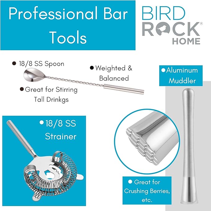 BIRDROCK HOME 10 Piece Professional Bartender Cocktail Mixing Set with Acacia Wood Stand | Stainless Steel Bar Tools for Home | Gift for Him | Includes Shaker, Muddler, Strainers, Jigger, and Spoon