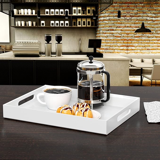 NIUBEE Acrylic Serving Tray 12x20 Inches -Spill Proof- White Decorative Tray Organiser for Ottoman Coffee Table Countertop with Handles