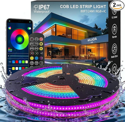 Outdoor LED Strip Lights RGB Smart IC IP67 COB LED Strip Light 80FT/24M Waterproof Led Strip Lights App & Remote Control RGB+IC Outdoor Lights × 2 Rolls for Patio, Eave, Patio Decorations