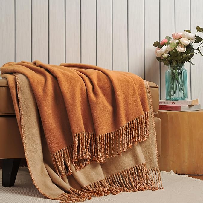 EP Mode Reversible Fringed Mulberry Silk Throw Blanket for Sofa (Caramel/Beige)