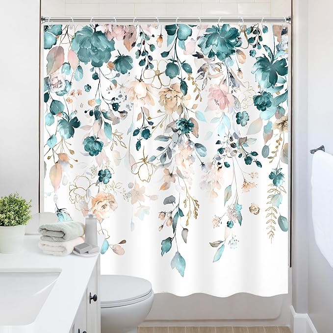 Floral Flower Shower Curtain 72Wx72L Inch Teal Green Eucalyptus Leaf Rustic Watercolor Pastel Bathroom Set Country Plant Botanical Pretty Bath Curtain Bathtub Accessories Home Decor