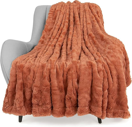 TOONOW Faux Fur Luxury Throw Blanket,Double Side Soft Fluffy Shaggy Fuzzy Blanket for Couch Sofa Bed (Carnelian, Throw)