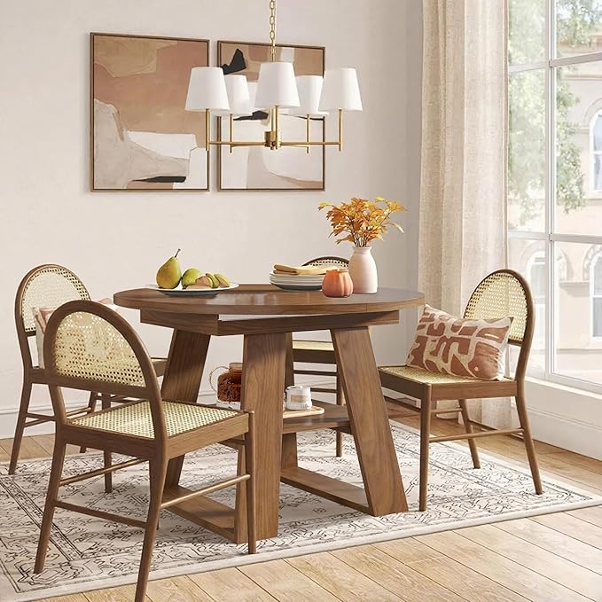 43.3in-59in Extendable Round Dining Table for 4-8,Modern Kitchen Oval Dining Table with Removable Leaves Space Saving,Wood Base with Storage Shelf for Kitchen Living Room