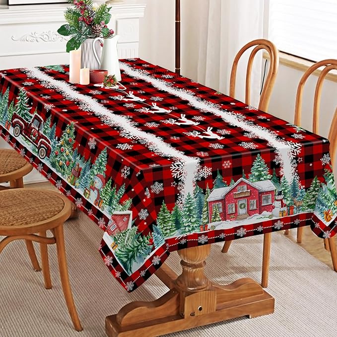 Christmas Tablecloth 60x84 Inches for Rectangle Tables - Red Buffalo Plaid Christmas Decor for Table - Water Resistant Xmas Table Cloth, Party Decorations for Kitchen, Home