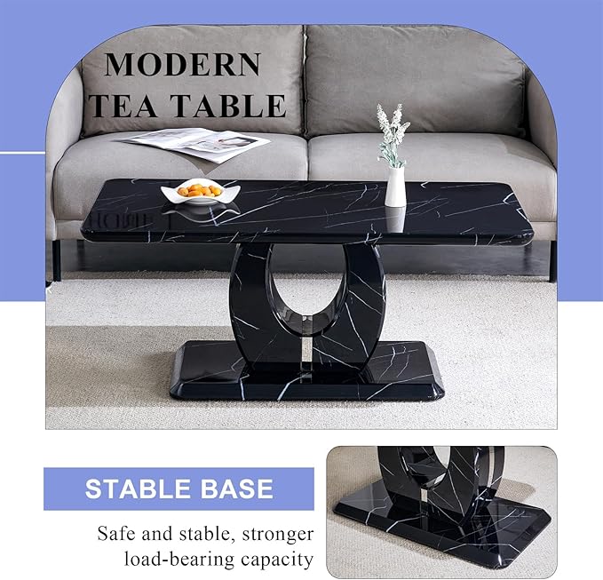 LKTART Rectangle Coffee Table for Living Room, Imitation Marble Coffee Tables with Storage, Modern Stable Base Center Tea Table for Dining Room Small Space Apartment (43.3''L×22.4''W-Black)