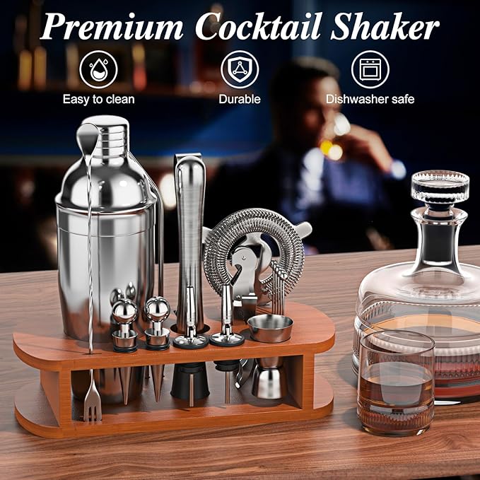 Cocktail Shaker Set with Stand - 25pcs Mixology Bartender Kit 25oz Professional Bar Tools Set Bar Accessories for Drink Mixing, Bartender Gifts for Home Bar, Parties
