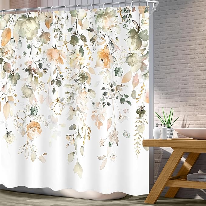 Green Yellow Floral Shower Curtain 72Wx72L Inch Summer Watercolor Sage Flower Eucalyptus Leaves Botanical Country Pretty Bathroom Set Plant Bath Curtain Bathtub Accessories Home Decor