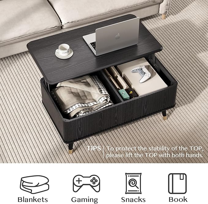 Lift Top Coffee Table, Mid Century Modern Coffee Table with Hidden Compartment, Fluted Lift Tabletop Center Table for Living Room, Home Office, Black