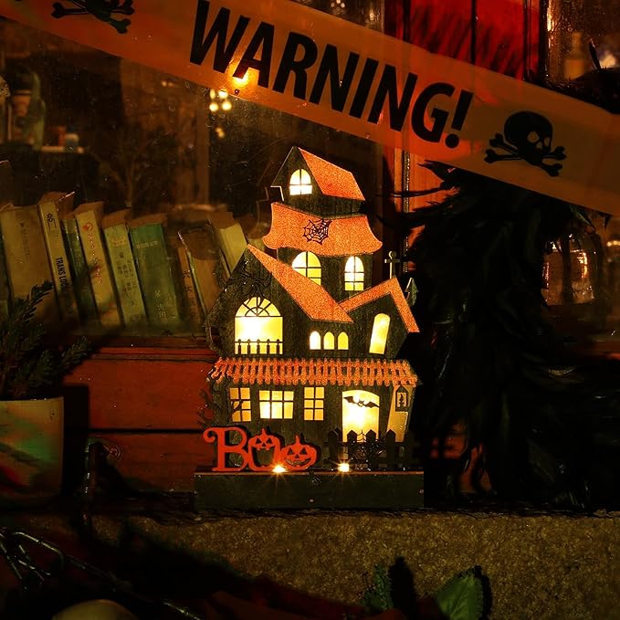 Lulu Home Halloween Tabletop Decoration, Wooden Lighted Boo Haunted House Decoration, Battery Operated Halloween Sign Indoor Fireplace Desk Kitchen Table Ornament, 10.6 x 6.7 x 1.9 INCH