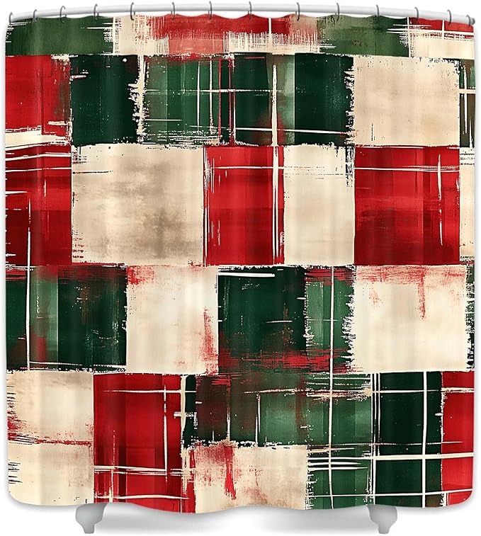JAWO Christmas Plaid Shower Curtain, Red Green Abstract Christmas Plaid Shower Curtain for Bathroom, Waterproof Polyester Fabric Bathroom Curtains with Hooks for Xmas Holiday,72X78