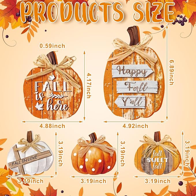 5 Pcs Classic Fall Pumpkin Decor for Home Thanksgiving Wooden Table Centerpiece Decorations Fall Wooden Pumpkin Signs for Autumn Farmhouse Home Living Room Kitchen Mantle Tabletop Supplies