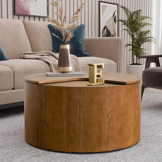 Mid - Century Modern Round Drum Coffee Table with 360° Rotating Desktop & Storage, 27.16" Walnut Small Center Table for Living Room & Home Small Spaces (Brown 27.16)