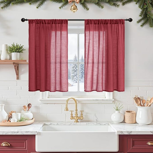 BGment Semi Sheer Curtains 36 Inch Length for Short Kitchen Window, Burgundy Linen Small Drapes Lightweight Textured Rod Pocket Christmas for Bathroom Cafe Over Sink, 2 Panels Set, Each 42 Inch Wide
