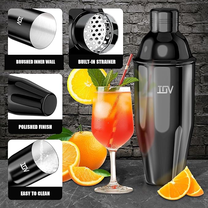 IOV Cocktail Shaker, 24 oz Martini Shaker, Drink Mixer with Built-in Strainer, Professional Stainless Steel Margarita Alcohol Shaker with Cocktail Recipe Guide, Bartender Kit Gifts, Black