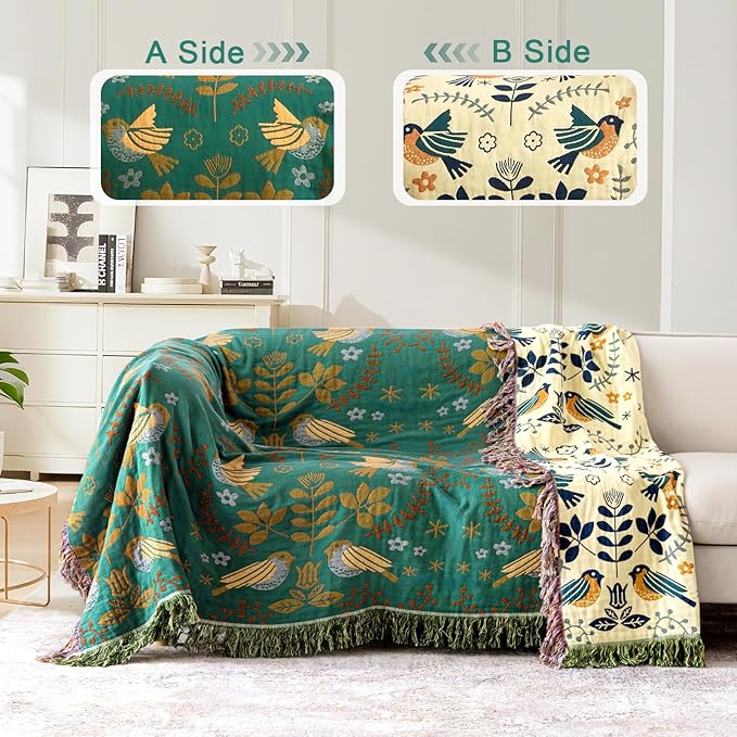 Boho Throw Blanket 50"x60", Soft Cozy 100% Cotton Blanket for Bed, Fall Blankets with Floral Bird Farmhouse Decor Breathable Lightweight All Season