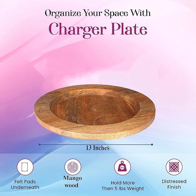 Alpha Living Home 13 inch Rustic Wood Charger Plates - 2 Pack Handcrafted Round Decorative Dinner Serving Tray for Dining, Holiday, Party, Special Event, Decoration, Weddings & Outdoor Wedding (Brown)