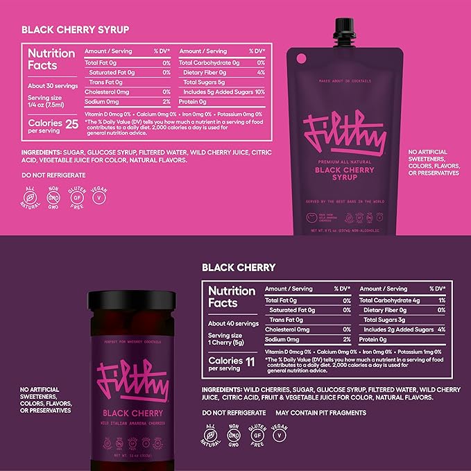 Filthy Black Cherry Whiskey Cocktail Kit, Premium Cocktail Kit for Old Fashioneds and Manhattan Cocktails at Home, Includes Black Cherry Syrup, Black Cherries & 4 Stainless Steel Cocktail Picks