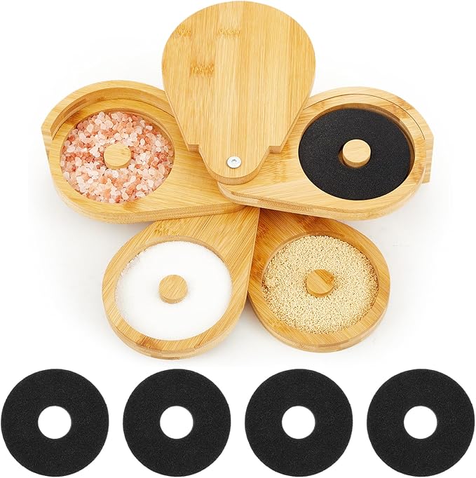 Mifoci Bamboo 4 Tier Margarita Salt Rimmer Set Salt and Sugar Glass Rimmer Set with Lid and 5 Sponges Home Bar Accessories for Cocktails Drinks House Party Bartender Supplies