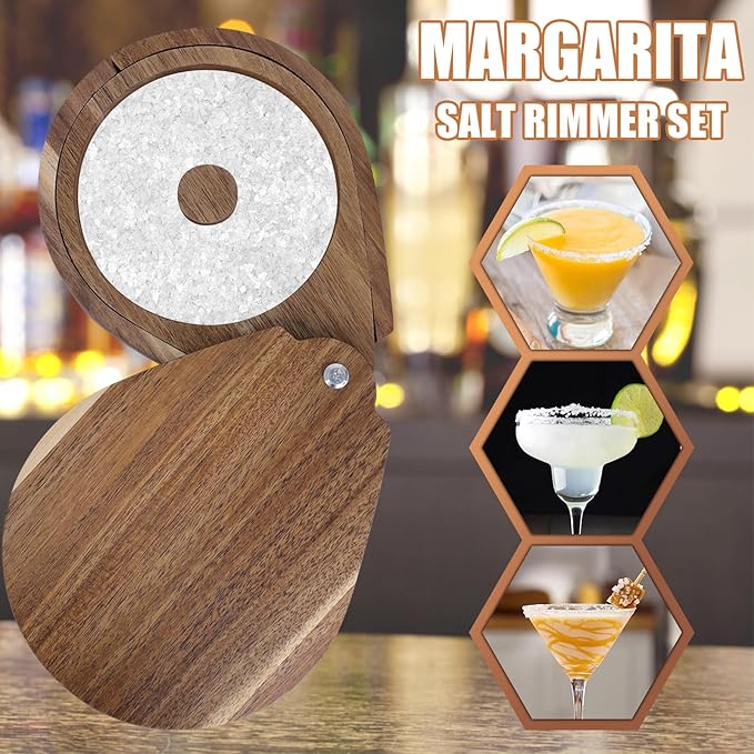 Margarita Salt Rimmer Set 3-Tier Acacia Wood Bar Glass Rimmer with Lid & 6 Sponges Perfect for Margaritas, Bloody Marys, Manhattans Ideal for Home Bars & Parties Brown