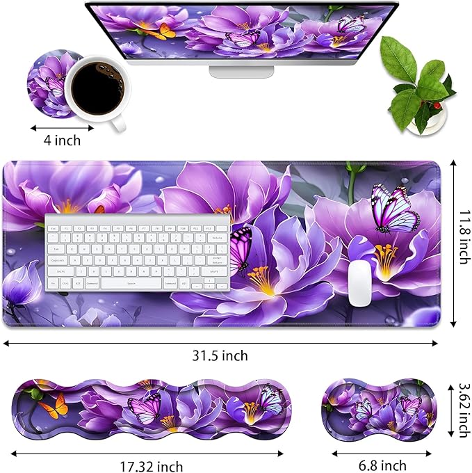 4 in 1 Ergonomic Memory Foam Mouse Pad Wrist Rest Set, Large XXL Gaming Desk Pad + Keyboard Wrist Rest + Mouse Wrist Cushion + Coaster for Home Office Study Gaming, Purple Flowers and Butterfly