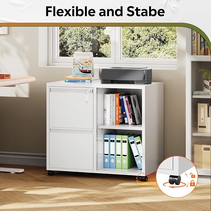 DEVAISE Metal Lateral File Cabinet with Lock, 2 Drawer Mobile Filing Cabinet with Shelf, Rolling Printer Stand fits Letter/A4 Size for Home Office, White