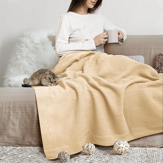 THREAD SPREAD Organic GOTS Certified Cotton Blanket, Twin/Twin XL - 350 GSM, Antistatic, Fuzzy Soft, Lightweight, Sofa, Camping & Travel, All-Season Herringbone Throw, Biege + Stylish Bonus Tote Bag