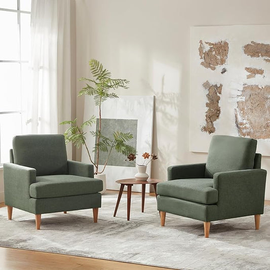 VKNOW Mid-Century Accent Chairs Set fo 2, Modern Upholstered Armchair for Living Room,Comfy Reading Accent Chairs with Wood Legs for Bedroom, Green Polyester