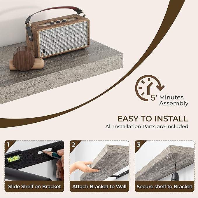 RICHFOCUS 72Inch Floating Shelves for Wall 2 Pack Shelves for Bedroom|Kitchen|Bathroom Wall Mounted Rustic Wood Floating Shelf with Invisible Brackets for Books|Storage|Decor, Grey