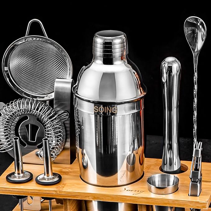Soing 11-Piece Silver Bartender Kit,Perfect Home Cocktail Shaker Set for Drink Mixing,Stainless Steel Bar Tools with Stand,Velvet Carry Bag & Cocktail Recipes Cards (Silver)