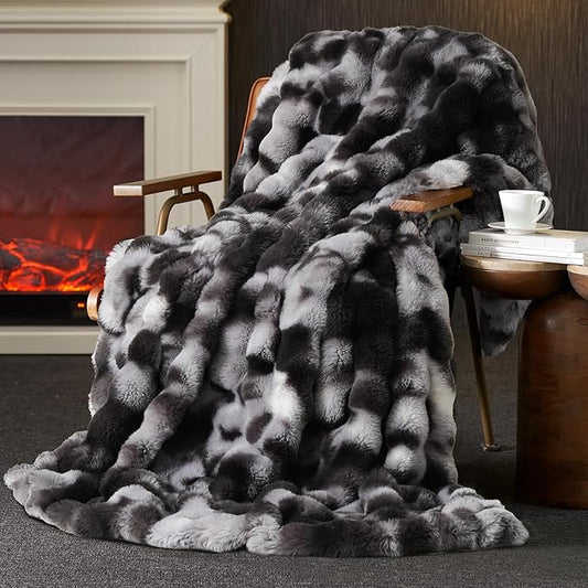 Amélie Home Faux Fur Throw Blanket, Ultra Soft Fuzzy Plush Bubble Blanket for Couch, Bed & Living Room, 60"x80", Tie-dye Kahki