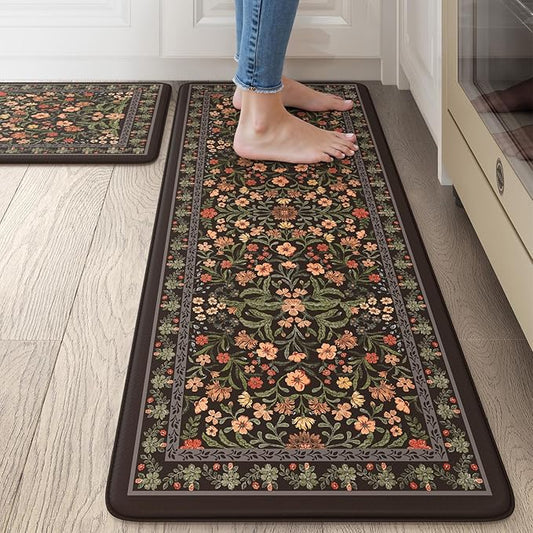 Collive Anti Fatigue Mat for Kitchen Floor, Waterproof Cushioned Sink Mats Non Slip Floral Kitchen Rugs Set of 2, Black Comfort Modern Standing Rug for Office, Laundry, Desk, 17"x30"+17"x47"