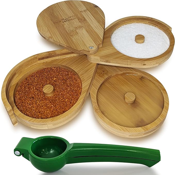 | Margarita Salt Rimmer Set | 3 Tiered Bamboo Glass Rimmer | Handheld Citrus Juicer | Sugar and Salt Rimmer for Cocktails | Cocktail Accessories for Drinks