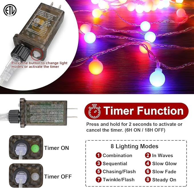 33 Feet 100 Led Fairy Lights Plug in, 8 Modes with Remote Indoor Globe Lights Outdoor Christmas Lights for Bedroom Party Wedding Garden Christmas Tree Decor(Multicolor)