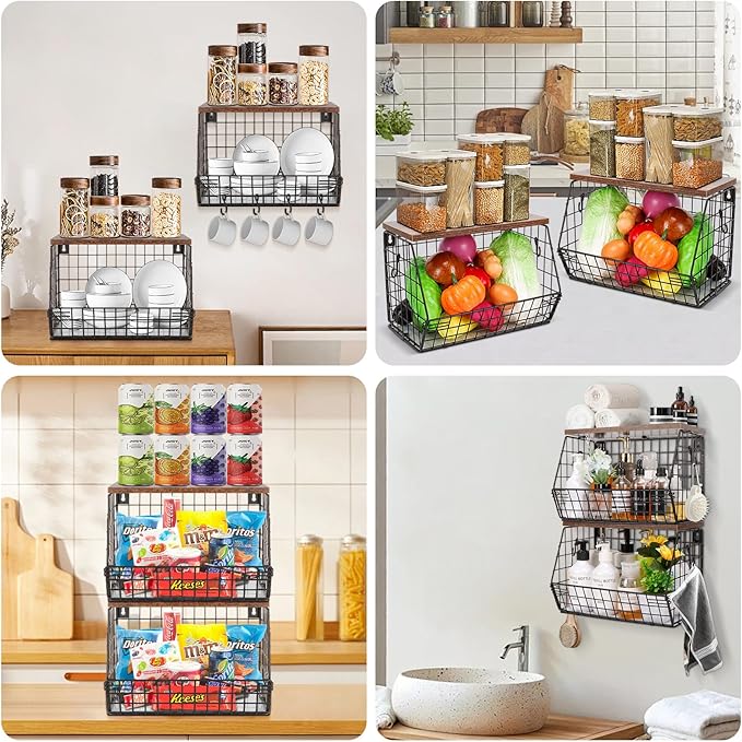 Livabber Fruit Basket for Kitchen, Metal Fruit Vegetable Storage Bin with 2 Banana Hangers, Countertop Wire Basket Organizer for Snack Potato Onion, Screw Mounted or Stand (Black, 2 Pack)