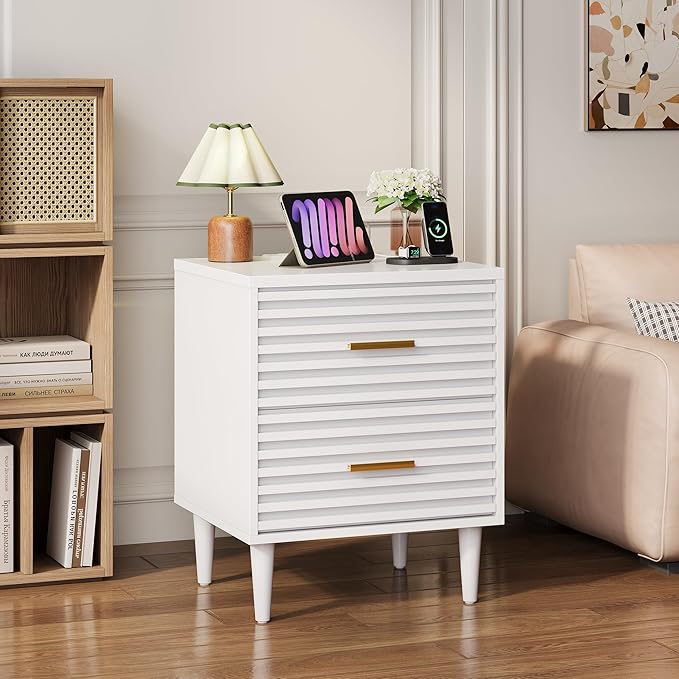 Alohappy Night Stand with Charging Station, Bedside Table with 2 Drawers, Mid Century Modern End Table, Bed Side Table with USB Ports and Outlets, Nightstand for Bedroom, White 1pc