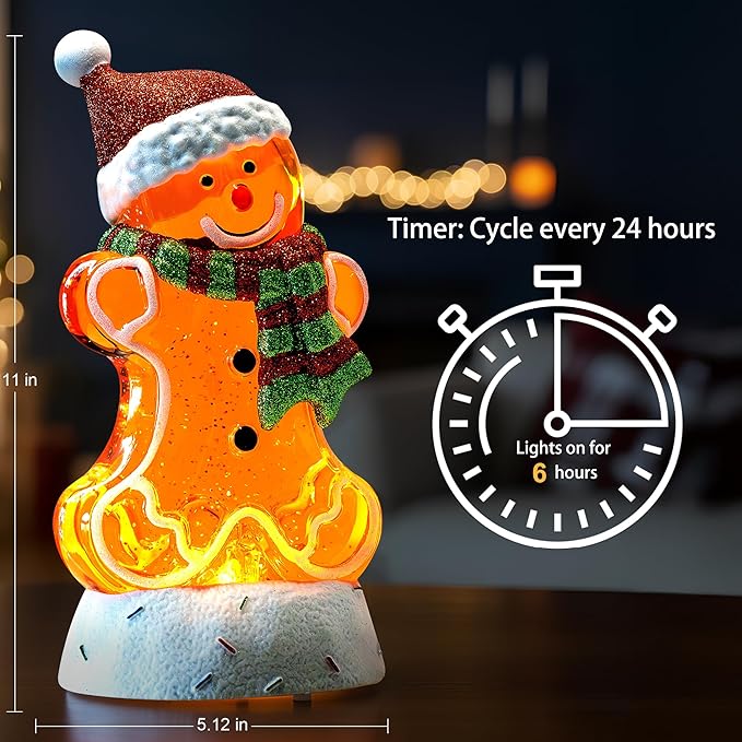 10.1" Christmas Snow Globe Water Lantern with Gingerbread Battery Operated or USB Powered Musical Lighted Holiday Decoration for Tabletop Display for Family and Friends