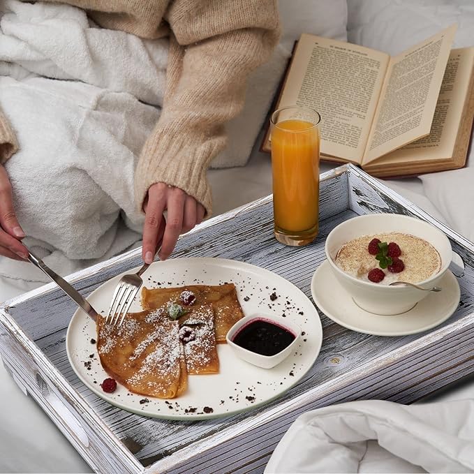 Flexzion Rustic Wooden Serving Tray with Handle - 3-Piece Set of Wooden Trays for Ottomans, Torched Whitewash Nesting Trays for Eating, Decoration, Coffee, Stackable Rectangular Breakfast Trays