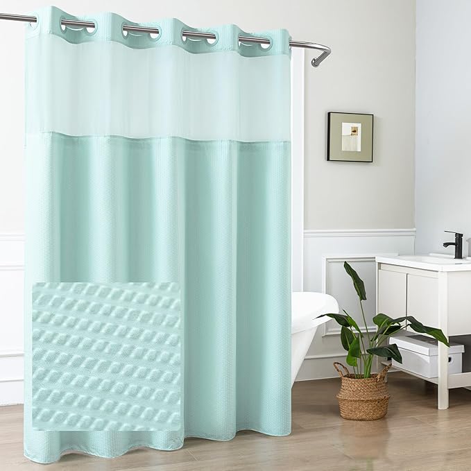 Mrs Awesome No Hook Shower Curtain with Snap-in Liner, Embossed Waffle Design Fabric Shower Curtain for Bathroom, Soft & Lightweight, 71x74, Sky Blue