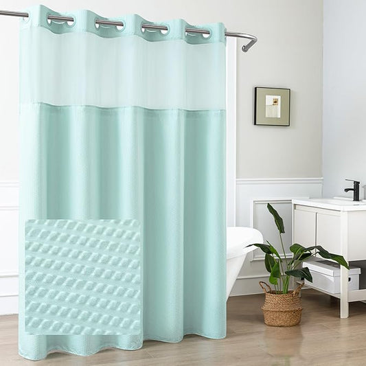 Mrs Awesome No Hook Shower Curtain with Snap-in Liner, Embossed Waffle Design Fabric Shower Curtain for Bathroom, Soft & Lightweight, 71x74, Sky Blue