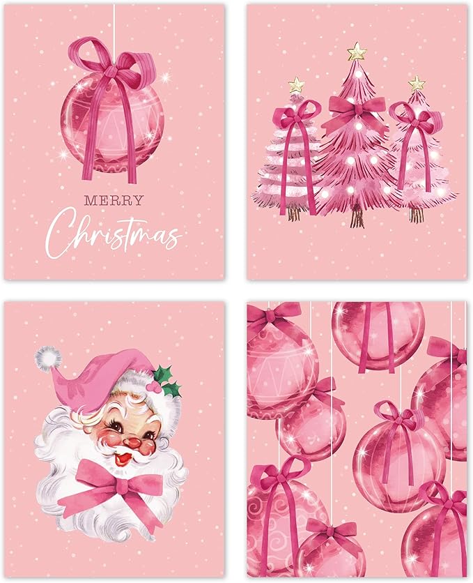 TLESKE Pink Winter Merry Christmas Coquette Bow Posters Prints Unframed Set of 4 for Teen Girls Dorm Bedroom Living Room, Santa Claus Christmas Ball Pine Trees Wall Art Prints Pictures Decor, 8x10