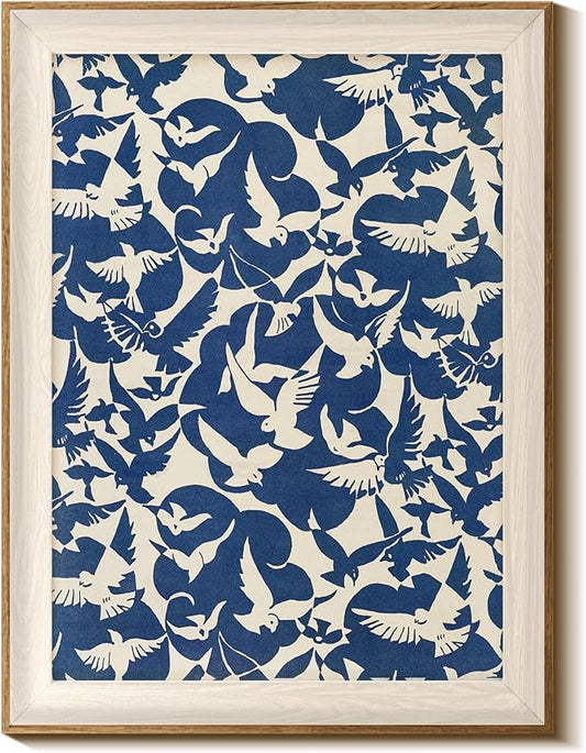InSimSea Framed Canvas Wall Art Vintage Decor Minimalist Flying Birds Wall Decorations for Living Room Blue and White Art Print Abstract Bird Pictures Room Aesthetic Shelf Decor Bedroom Office 12x16In