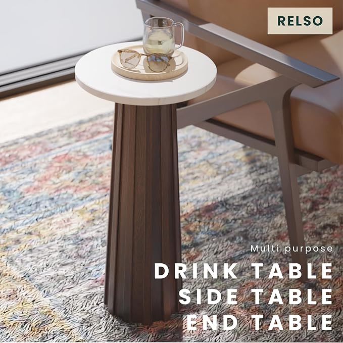 Relso Ma'gro Drink Table – Solid Mango Wood Fluted Base with Real White Marble Top | Farmhouse Accent Side Table for Boho Decor, Bedside, Entryway, Plant Stand, Night Stand & Small Living Spaces