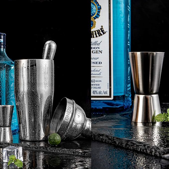 Soing 11-Piece Silver Bartender Kit,Perfect Home Cocktail Shaker Set for Drink Mixing,Stainless Steel Bar Tools with Stand,Velvet Carry Bag & Cocktail Recipes Cards (Silver)