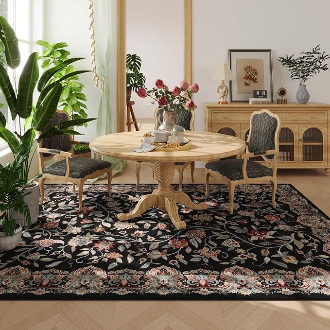 Rugcomf Vintage Paisley Rugs for Living Room 8'x10' - Machine Washable Area Rug, Non-Slip Low Pile Large Floral Carpet for Bedroom, Dining Room, Farmhouse, Office, Kids Playroom - Black