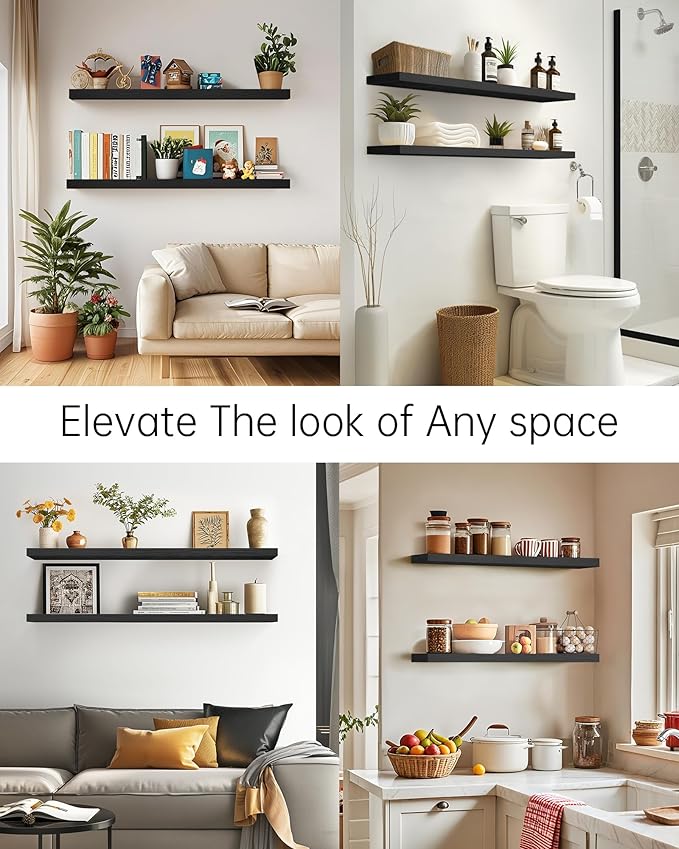 BAYKA Floating Shelves, 48 inch Wall Mounted Rustic Wood Shelves for Bathroom, Bedroom, Living Room, Kitchen, Office, Hanging Shelf for Books/Storage/Decor(Black,Set of 2)