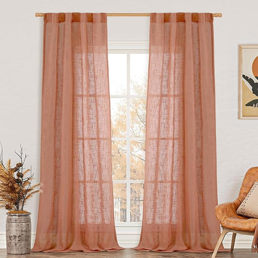 LAMIT Terracotta Linen Curtains for Bedroom, 84 Inch Length Light Filtering Semi Sheer Panels Back Tab and Rod Pocket Fall Decor Drapes for Living Room, 2 Panels, 34 x 84 Inch