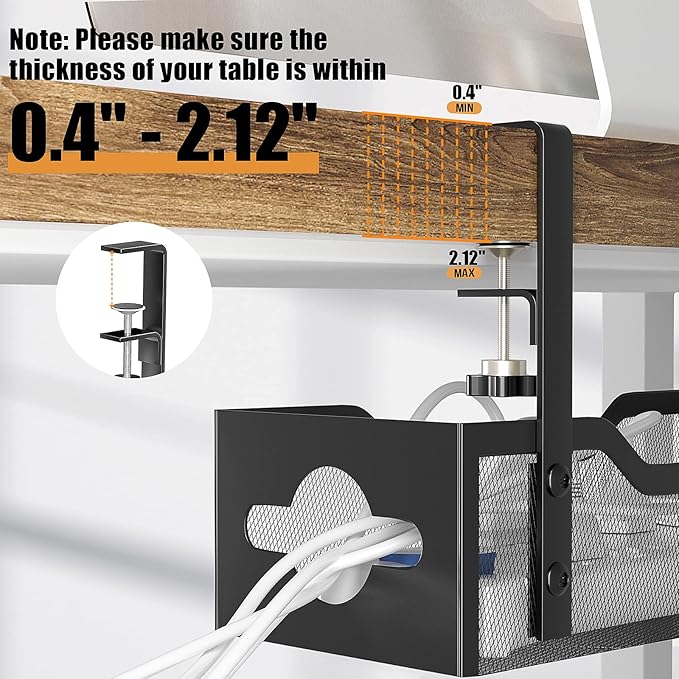 Under Desk Cable Management Tray 24.8", Quszmd Cable Organizer No Drill, Standing Cord Organizer and Wire Management Tray - No Damage to Desk, Black