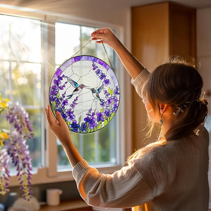 8 Inch Hummingbirds Among Lavender Flowers Stained Glass Suncatcher, Wall Art, Window Hanging, Indoor Decor, Gifts for Women, Sun Catcher